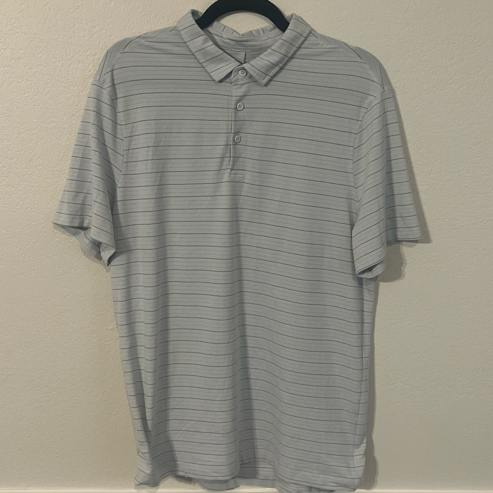 Lululemon Polo Shirt Mens Large Gray Stripes Evolution Performance Flex Golf Gym